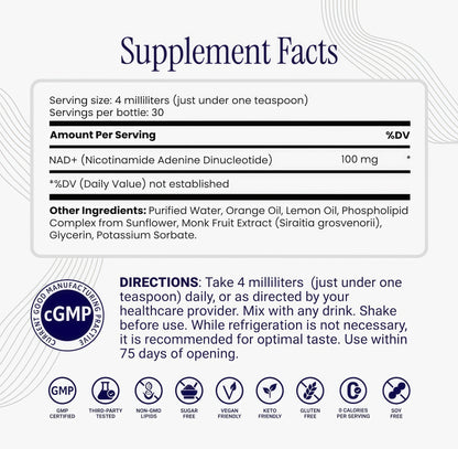 Rho Nutrition Liposomal NAD+- LiquidSupplement Designed to Help SupportAbsorption-Active Form of NAD+ HelpsSupport Normal Cellular Health, HealthyAging, Energy Metabolism and Overall Vitality